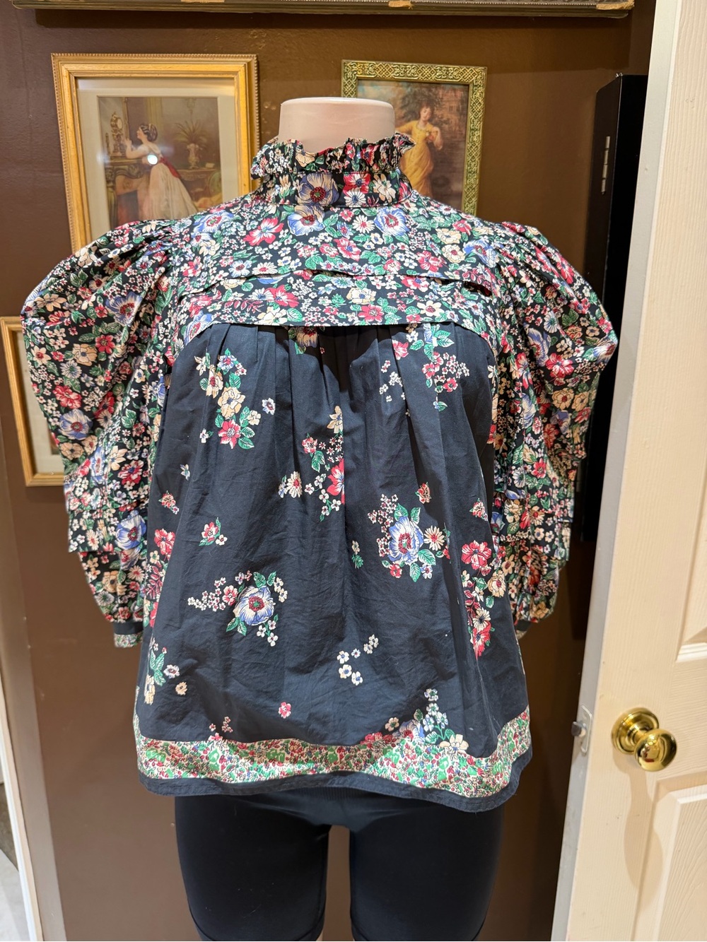 HUNTER BELL Black Floral Ruffled Mock-Neck Puff Sleeve Blouse
